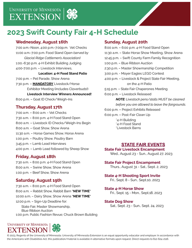 4H SCHEDULE 2023 Swift County Fair